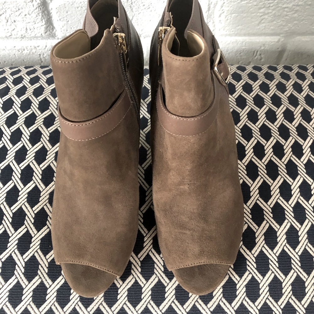 Brown/Gray Suede Open Toe Booties